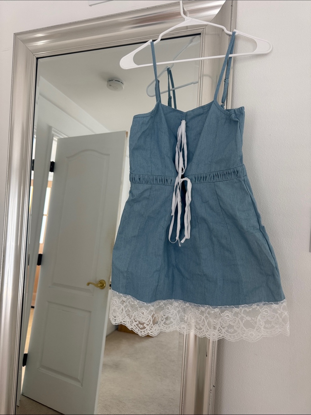 REVOLVE Light Blue Chambray Mini Dress with White Lace Trim